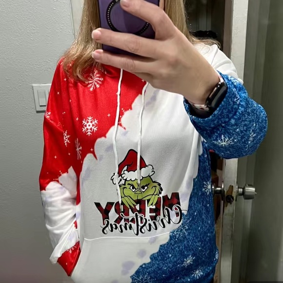 🎄🎁 NWT PATRIOTIC WINTER CHRISTMAS GRINCH HOODED GRAPHIC SWEATSHIRT Women’s L - Picture 4 of 13